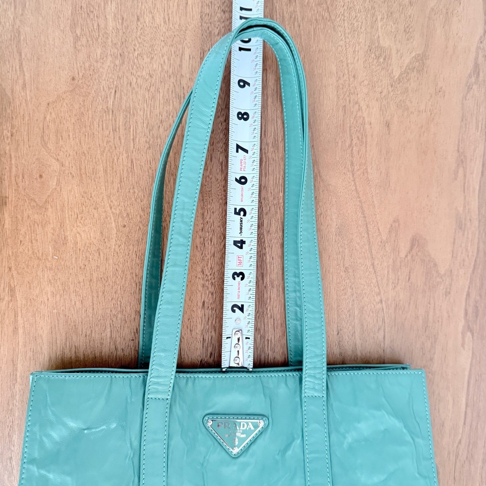 Prada 1BC459 Crinkled Leather Tote Bag Teal Green Shopper Triangle Logo - Picture 16 of 16